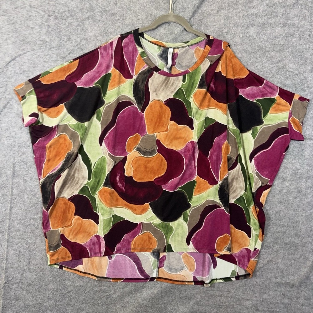 Dear Scarlett Blouse Womens Sz L Multicolor Floral Bat Wing Slinky Stretch